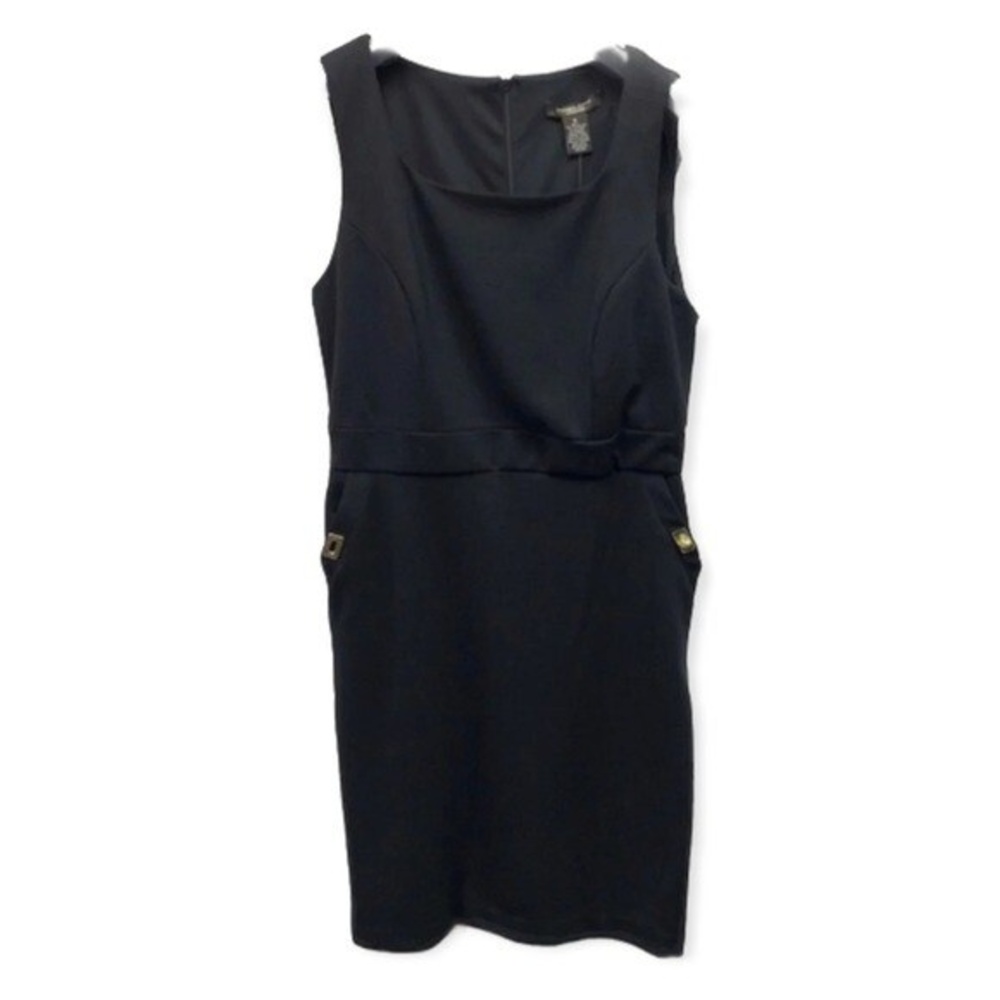 Andrea Jovine Dress 10 Black Sleeveless LBD Pockets Modern Metallic Accents NEW